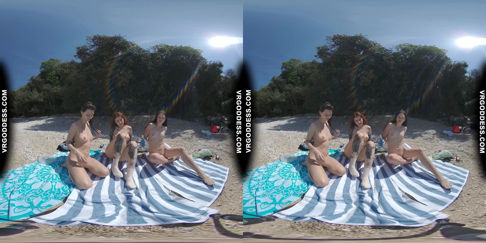 3 Babes Naked On Vacation Beach Picnic Playing Frisbee Searching For Shells... Slideshow