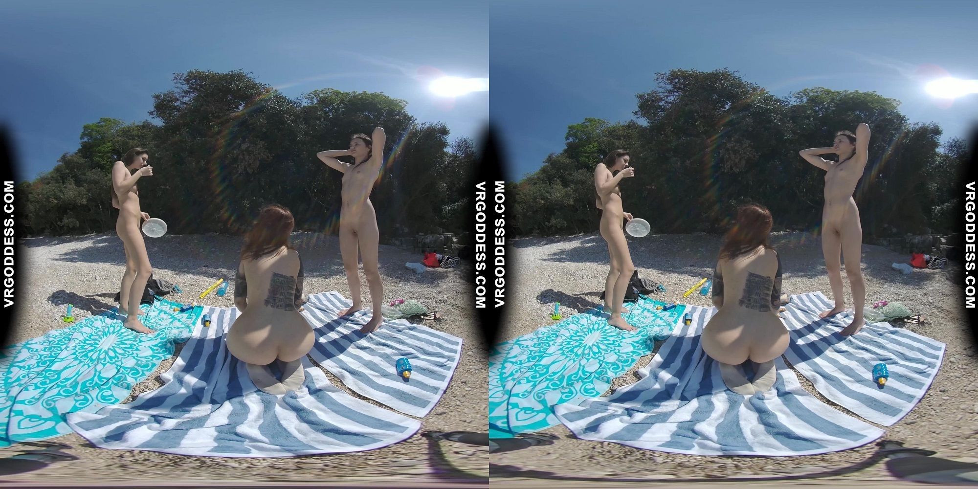 3 Babes Naked On Vacation Beach Picnic Playing Frisbee Searching For Shells... Slideshow