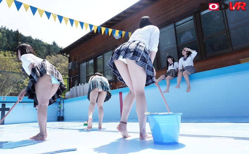 Panty-Shots While Scrubbing the Pool Deck; Japanese Schoolgirls Upskirt Fetish VR Video Slideshow