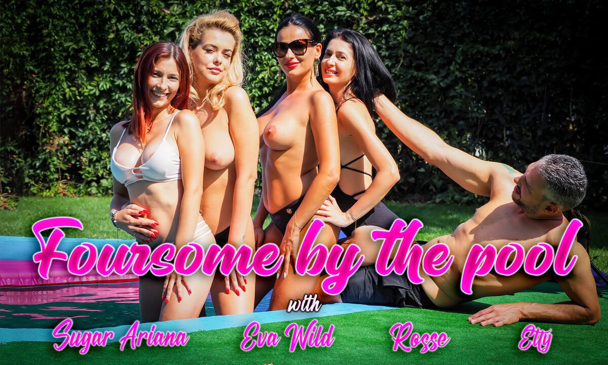 Foursome By The Pool; Topless Pool Party Becomes an FFFFM Orgy Slideshow