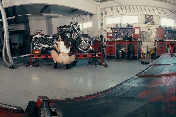 Rachel Gets Naked While Cleaning Her Motorcycle - Big Tits Shaved Solo Model Biker Slideshow